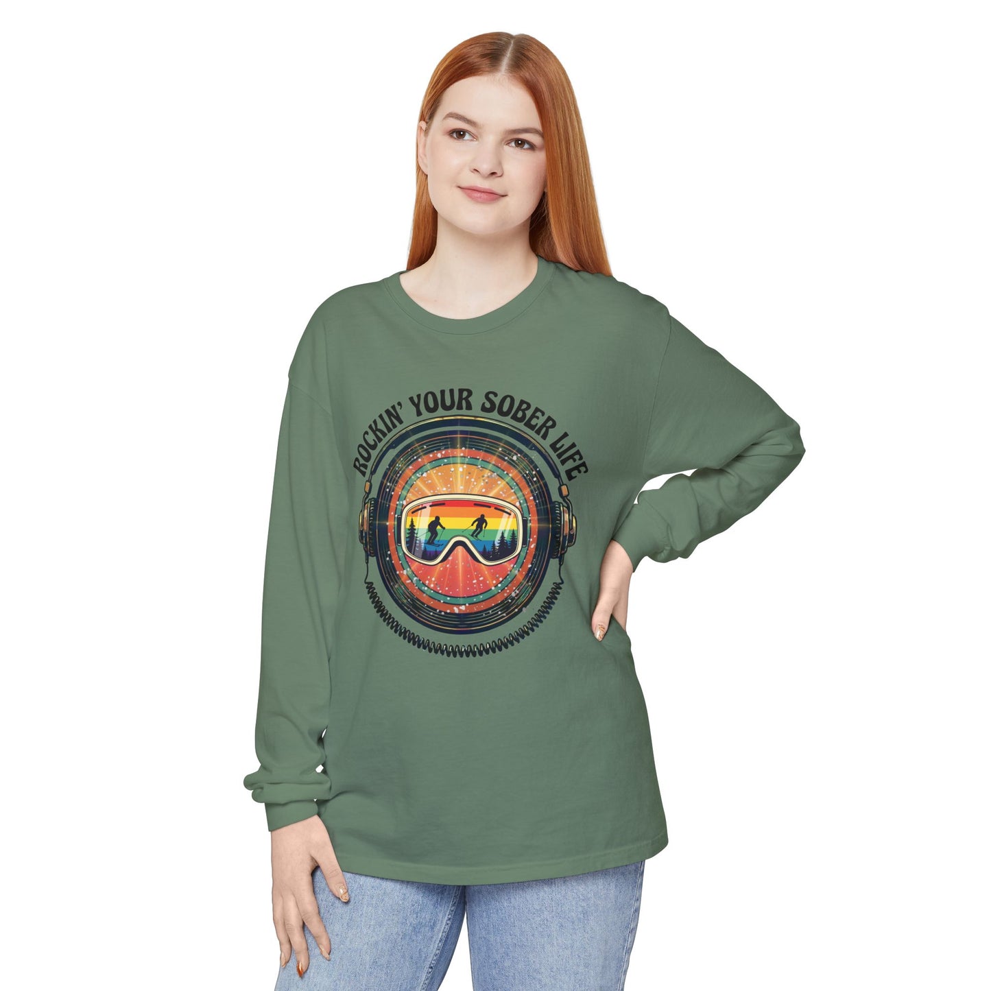 Rock Your Sober Life on the Slopes - Rainbow Goggle Design - LS Tee