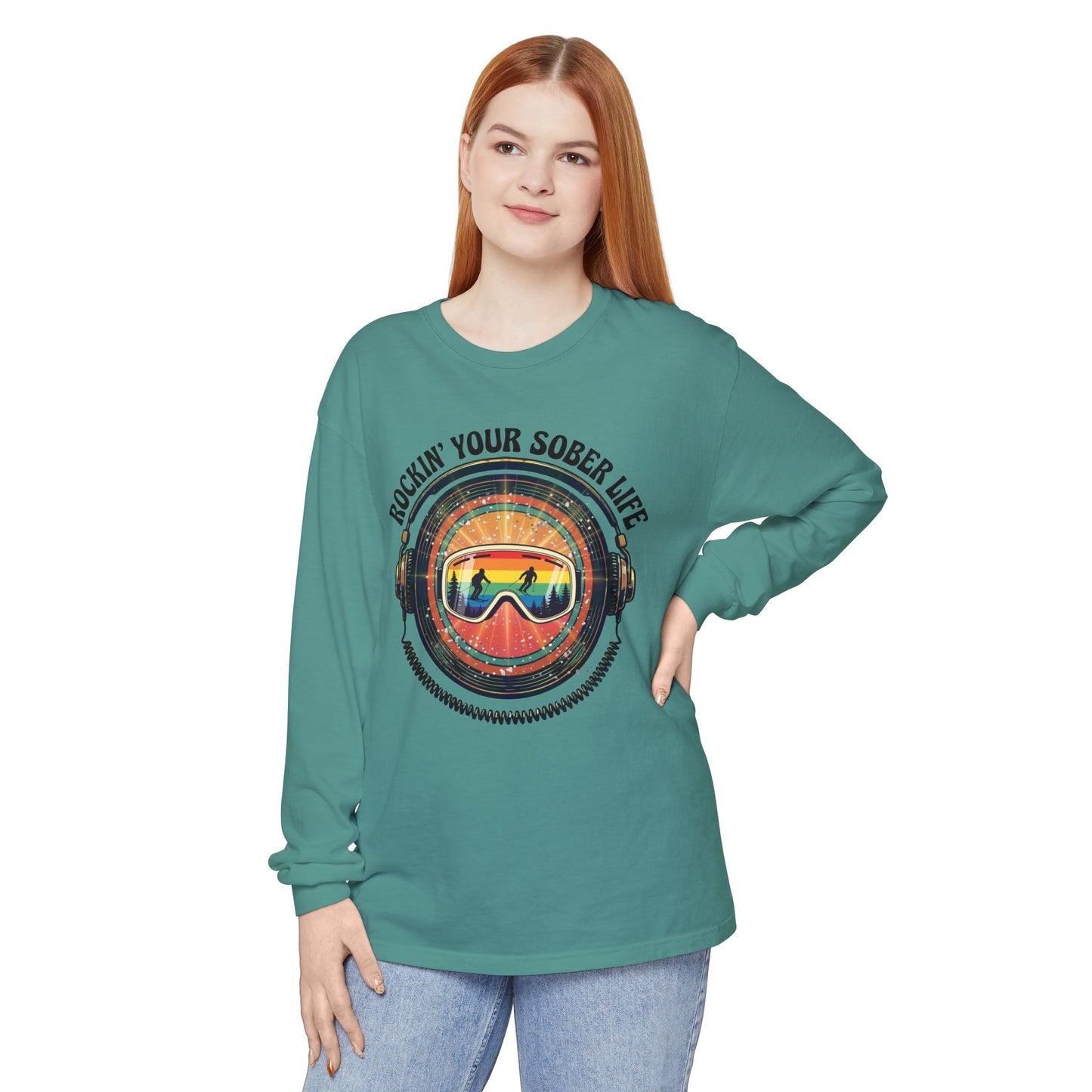 Rock Your Sober Life on the Slopes - Rainbow Goggle Design - LS Tee