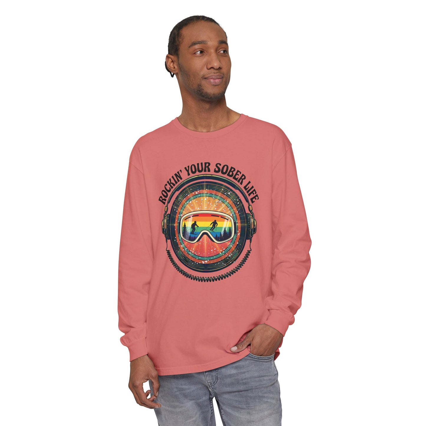 Rock Your Sober Life on the Slopes - Rainbow Goggle Design - LS Tee