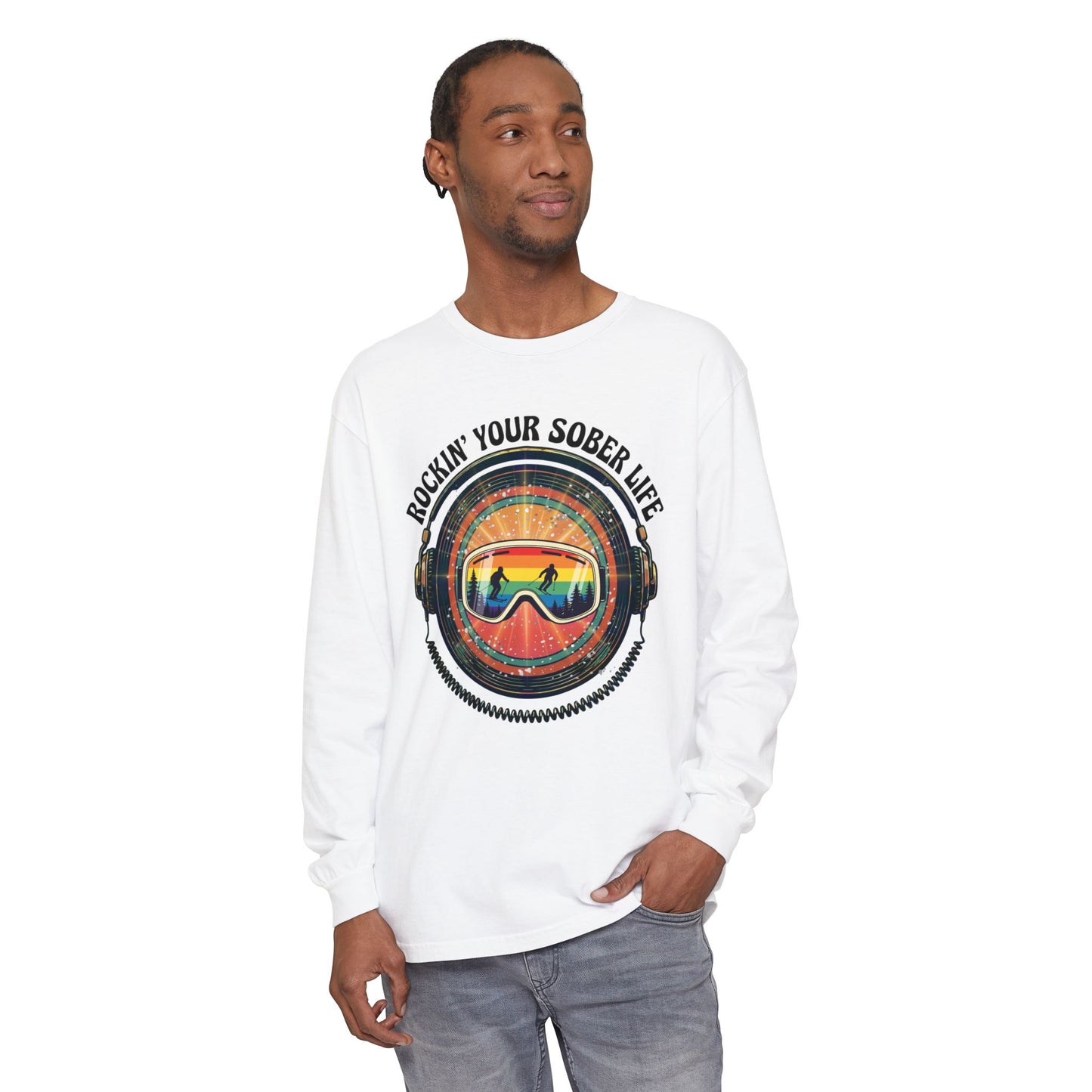 Rock Your Sober Life on the Slopes - Rainbow Goggle Design - LS Tee