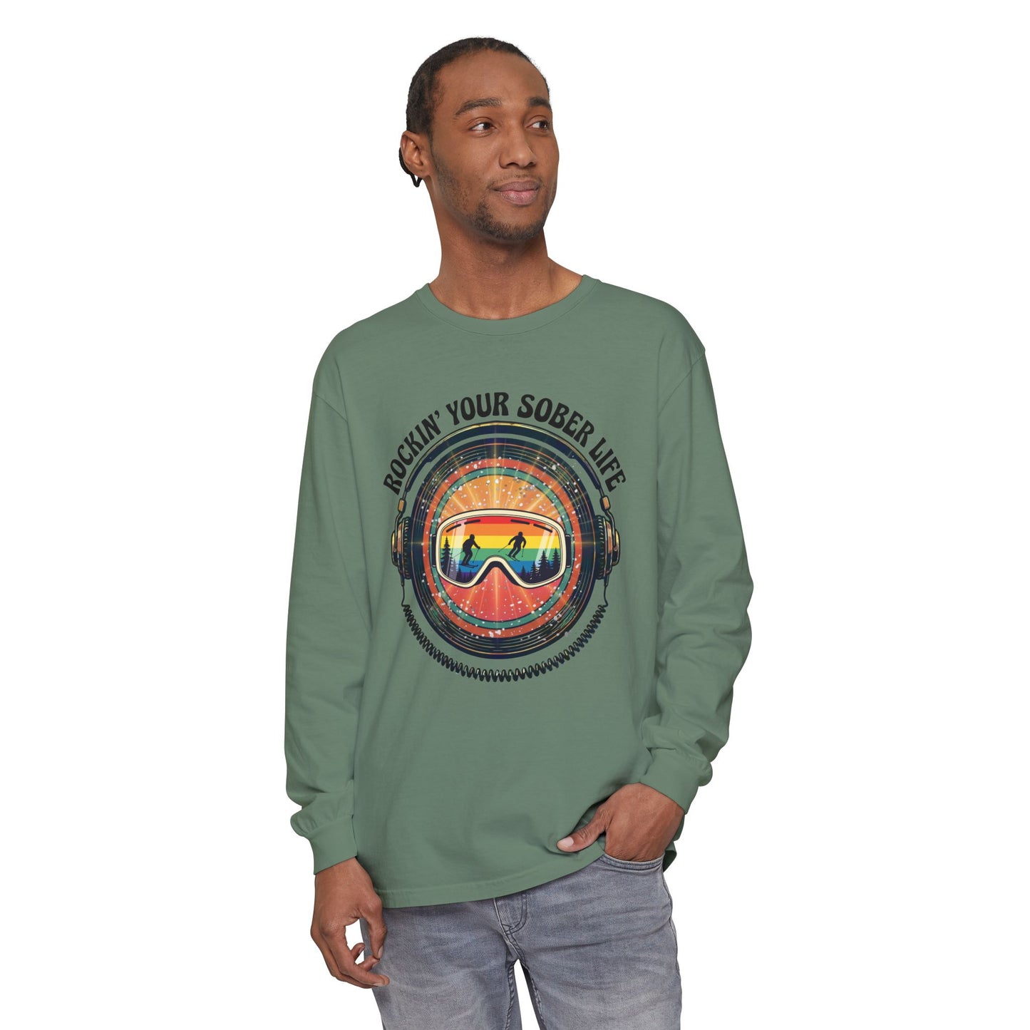 Rock Your Sober Life on the Slopes - Rainbow Goggle Design - LS Tee