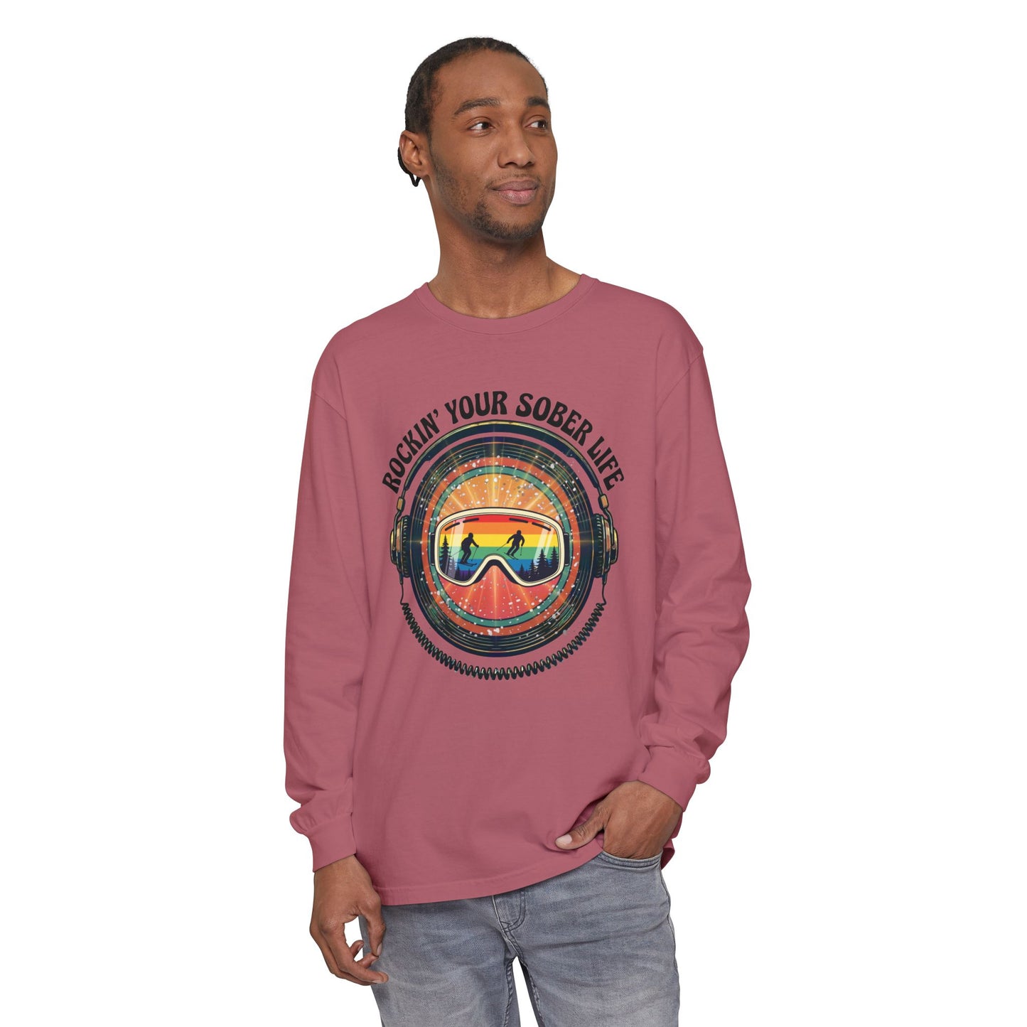 Rock Your Sober Life on the Slopes - Rainbow Goggle Design - LS Tee