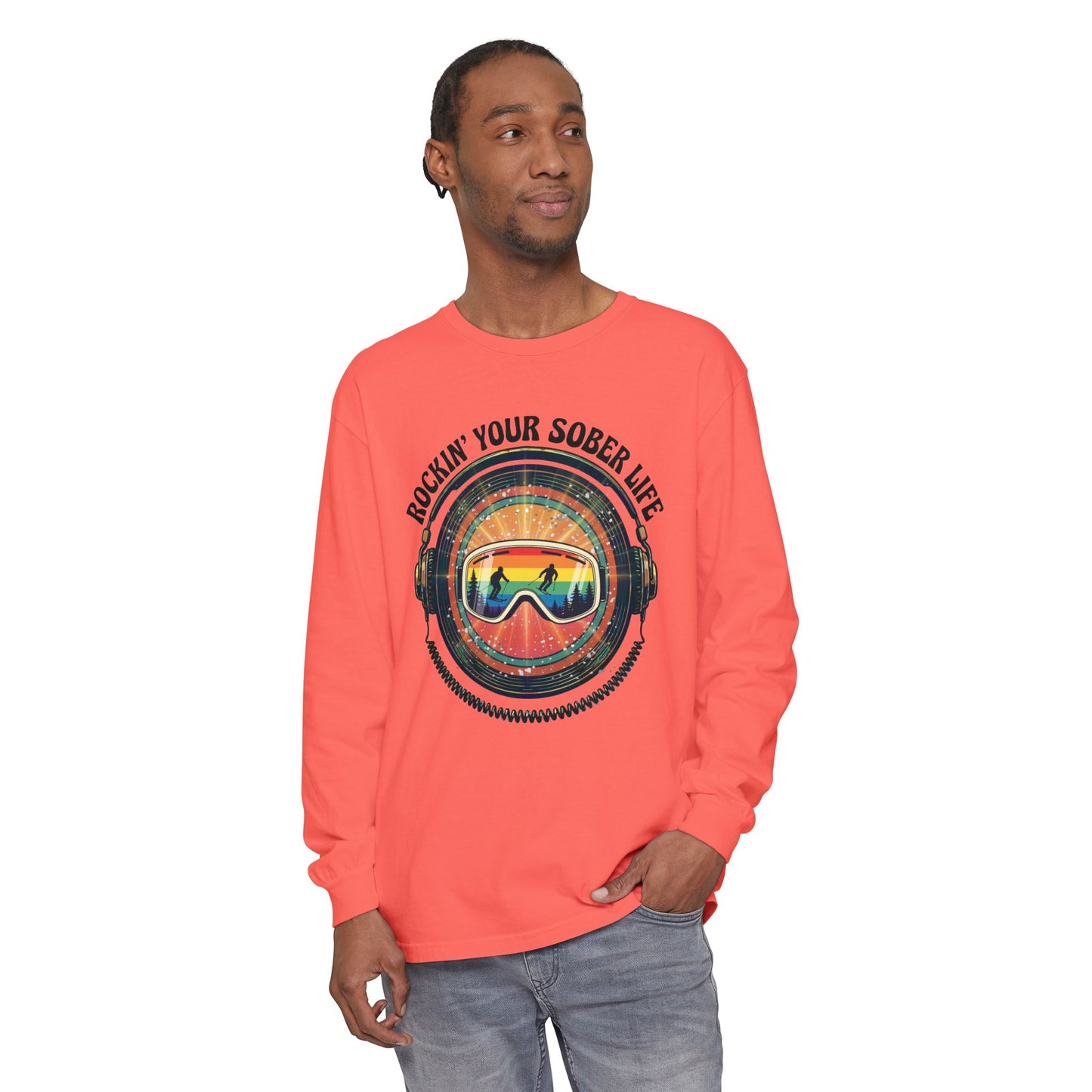 Rock Your Sober Life on the Slopes - Rainbow Goggle Design - LS Tee